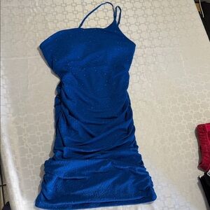 Blue Ruched Spaghetti Strap Dress